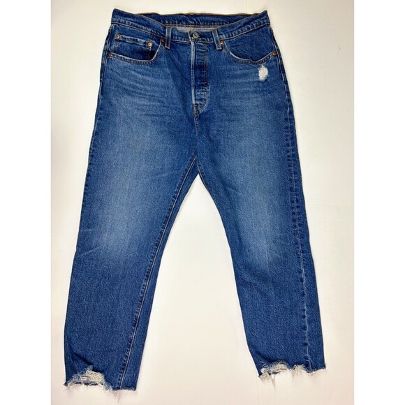 Levi's Premium 501 Cropped Straight Jeans Charleston Fun Blue Denim Raw Hem s 31 - Picture 3 of 15